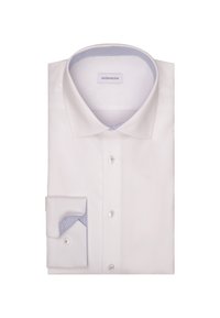 Witte shirt met een gestructureerde stof, button-down kraag en contrasterende lichtblauwe geruite manchetten. Heeft een gebogen zoom en knoopsluitingen.