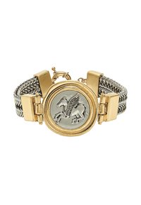 Bransoletka ze złota i srebra z okrągłą, srebrną zawieszką z motywem pegaza, teksturowanymi ogniwami łańcuszka oraz zapięciem na klamrę.