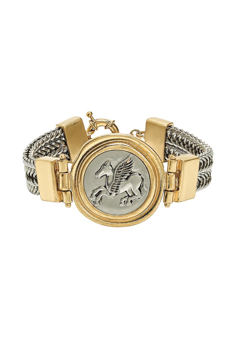 Bransoletka ze złota i srebra z okrągłą, srebrną zawieszką z motywem pegaza, teksturowanymi ogniwami łańcuszka oraz zapięciem na klamrę.
