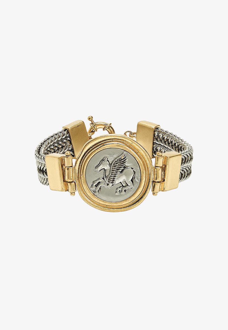 Bransoletka ze złota i srebra z okrągłą, srebrną zawieszką z motywem pegaza, teksturowanymi ogniwami łańcuszka oraz zapięciem na klamrę.