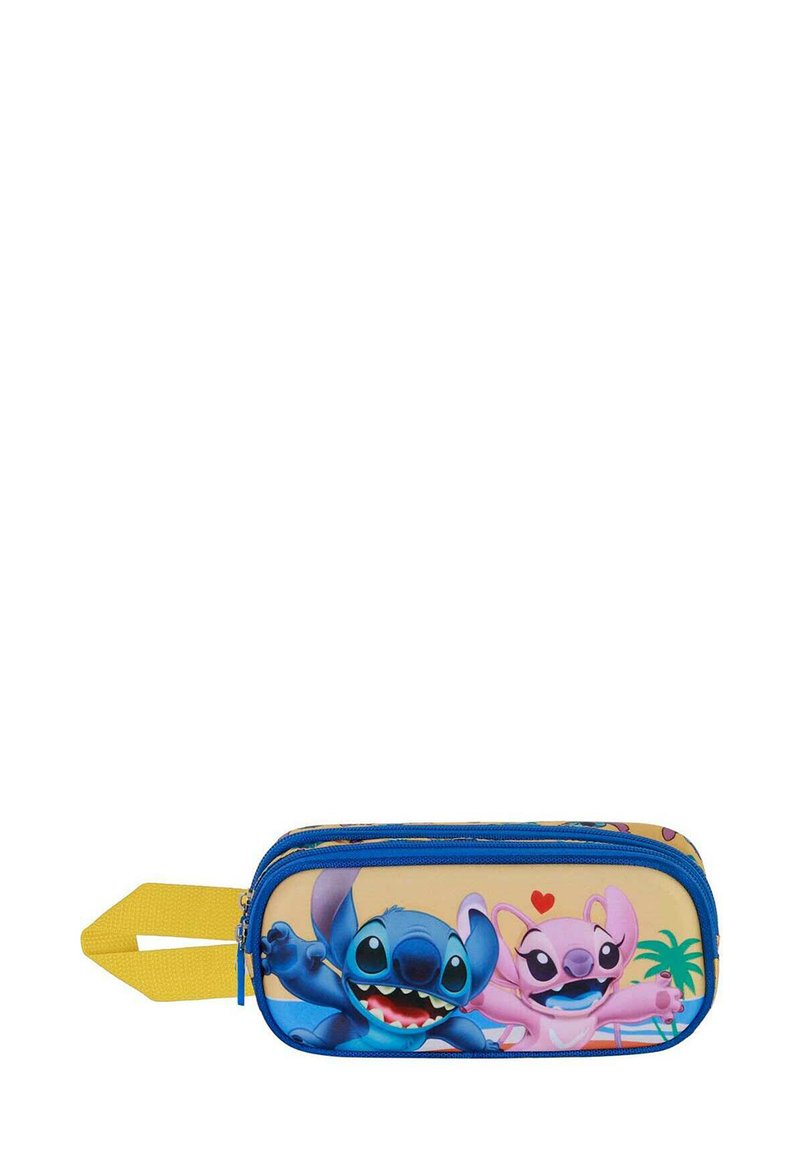 Trousse de couleur bleue et rose arborant des personnages au design cartoon sur un fond jaune, avec une fermeture éclair bleue et une poignée jaune.