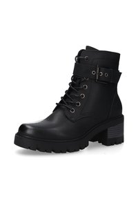 Schwarze Leder-Stiefelette mit einem klobigen Absatz, Schnürung vorne, Riemen mit Schnallen-Detail und strukturiertem Gummisohlen.