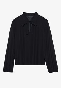 Blusa nera con maniche lunghe, colletto arricciato e dettaglio a fiocco al collo. Materiale morbido con una texture liscia, design casual.