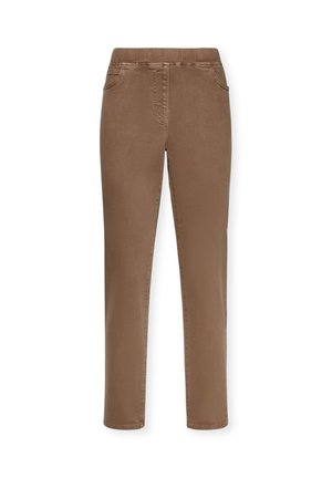 Bruine stretchbroek met rechte snit, elastische tailleband, twee voorzakken en een gladde stoftextuur. Geen zichtbare patronen of accenten.