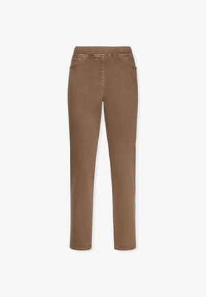 Bruine stretchbroek met rechte snit, elastische tailleband, twee voorzakken en een gladde stoftextuur. Geen zichtbare patronen of accenten.