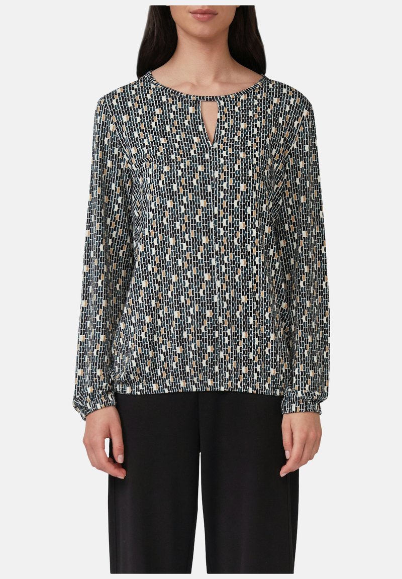 Langärmlige Bluse aus gemustertem Stoff in Dunkelblau, Creme und Gold. Schlüsselbund-Ausschnitt und elastische Bündchen. Lockere Passform.