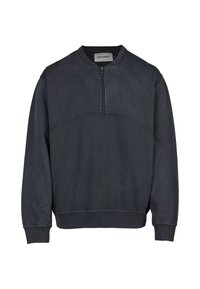 Dark navy sweatshirt with a high collar, half-zip front, and ribbed cuffs. Features a contrasting panel and smooth texture.