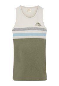 Tan cotton tank top featuring horizontal stripes in gray, light blue, and olive green; includes a logo print and a round neckline.