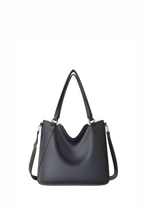 Dark gray leather handbag with curved top, dual handles, and detachable shoulder strap against white background.