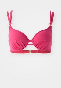 Bikini top v ružovej farbe maliny s podprsenkovým držiakom a nariasenými pohárikmi, tenkými zadnými popruhmi a zlatými akcentmi. Hladká textúra látky.