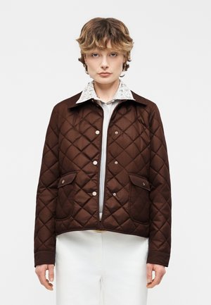 Személy barna steppelt dzsekit visel patentgombokkal, zsebekkel és alatta csíkos inget, egyszínű háttér előtt áll.