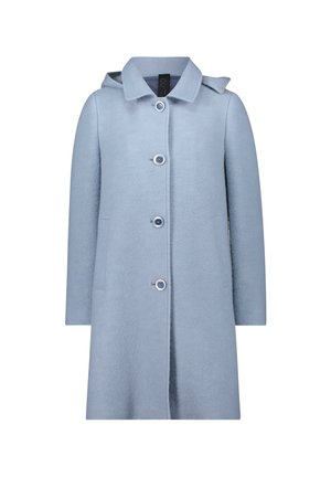 Manteau en laine bleu clair avec des manches longues, des boutons sur le devant, un col et une capuche attachée.