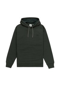 Sweat-shirt à capuche vert foncé, en tissu doux. Il présente une poche kangourou, une capuche avec cordon de serrage et des poignets côtelés, avec un petit logo en détail.