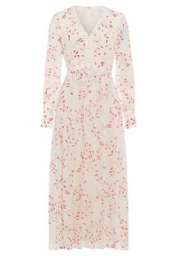 Vestido largo blanco con mangas largas, con escote en V y estampado floral rojo. Tejido suave con una silueta fluida y cinturón en la cintura.