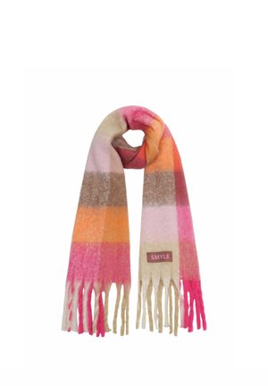 Soft wool scarf with pink, orange, brown, and beige horizontal stripes and fringed ends, featuring a small label reading SMYLE.