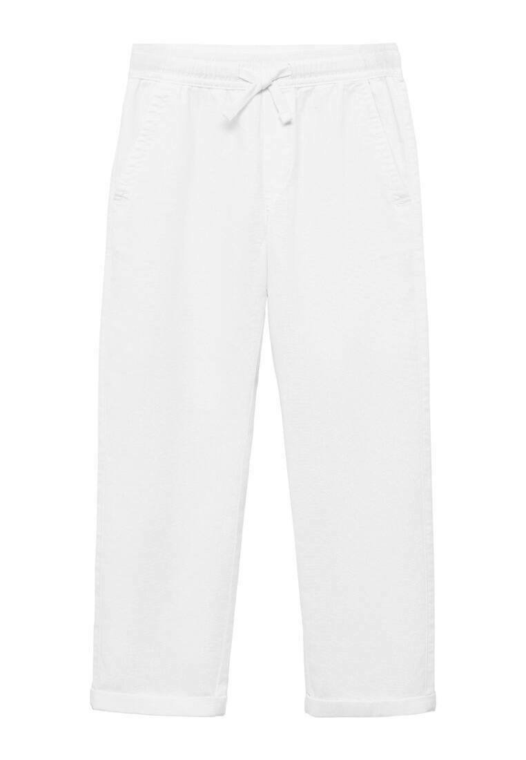 Pantalons en lin blanc avec taille à cordon, deux poches latérales et poignets roulés. Tissu léger avec une texture lisse.