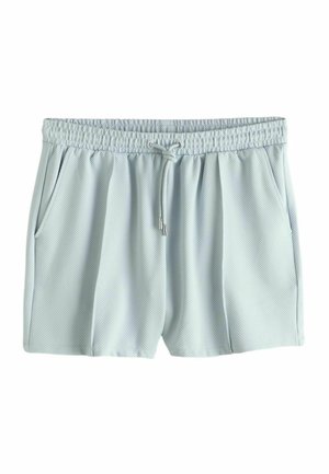 Hellblaue, strukturierte Shorts mit elastischem Bund, Kordelzug und seitlichen Taschen, vor weißem Hintergrund dargestellt.