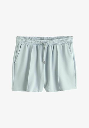 Hellblaue, strukturierte Shorts mit elastischem Bund, Kordelzug und seitlichen Taschen, vor weißem Hintergrund dargestellt.