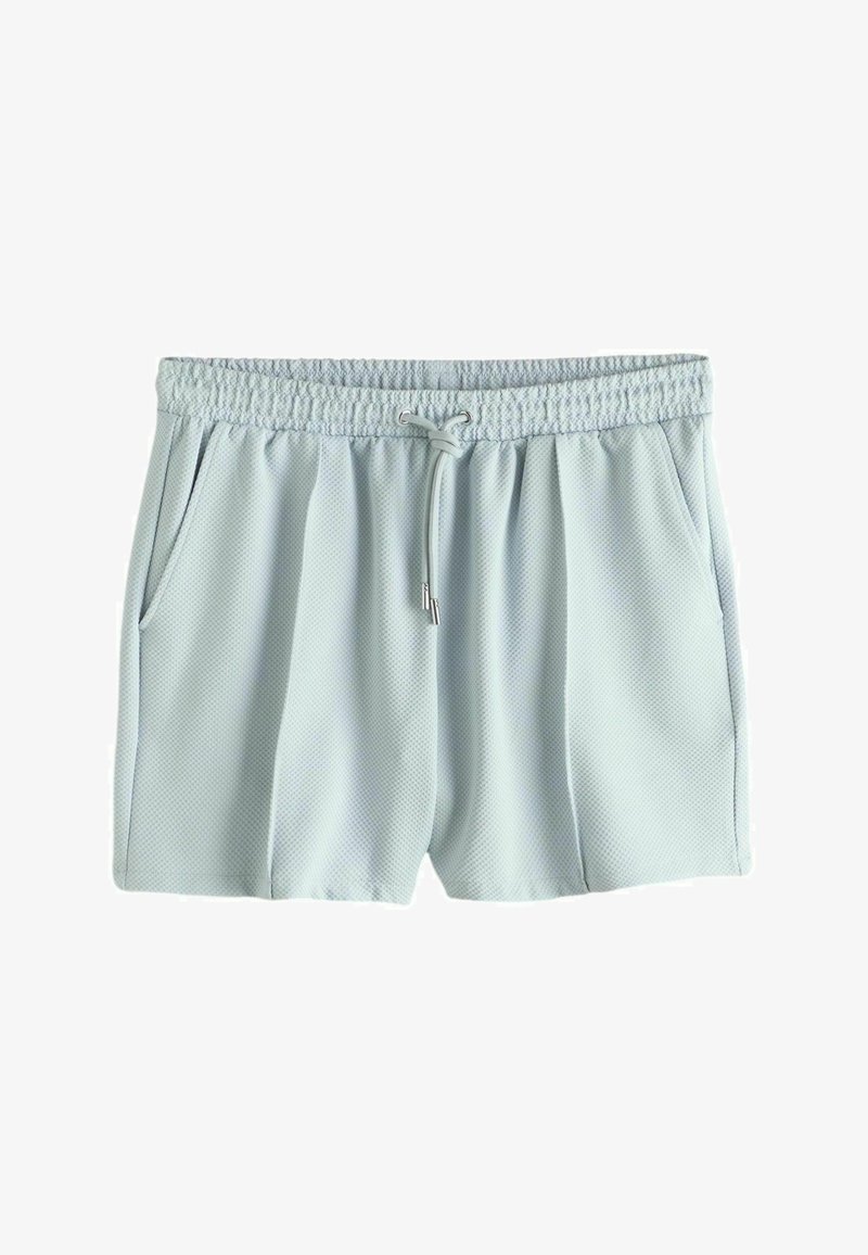 Shorts texturés bleu clair avec ceinture élastique, cordon de serrage et poches latérales, présentés sur un fond blanc.