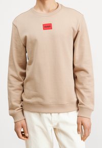 Felpa beige con scollatura a girocollo. Presenta un'etichetta logo rettangolare rossa sul petto. Realizzata in tessuto morbido con polsini e orlo a costine.