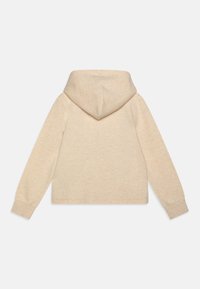 Beige hoodie met lange mouwen, zachte textuur, cropped ontwerp en geribbelde manchetten. De achterkant heeft een naadloze capuchon.