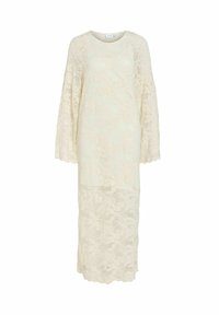 Robe longue en dentelle crème avec motifs floraux, encolure ronde, manches longues évasées, longueur midi, tissu légèrement transparent.