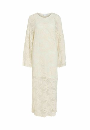 Lange crèmekleurige kanten jurk met bloemmotieven, ronde halslijn en lange uitlopende mouwen, midi-lengte, licht doorschijnende stof.