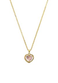 Gouden ketting met een hartvormige hanger die een lichtroze edelsteen bevat, vastgezet door vier kleine pootjes. De ketting heeft ronde schakels.