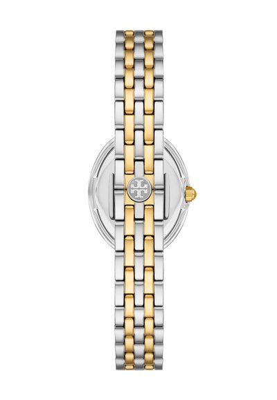 Zirkon metalur band med to farver, der har sølv- og guld-links, med et rundt urkasse og et logo-detalje i midten af bandet.