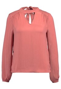Blusa a maniche lunghe in morbido tessuto rosa. Presenta un colletto a chiave, spalle plissettate e polsini elasticizzati. Texture liscia con vestibilità comoda.