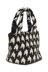 Sac tote perlé avec motif pied-de-poule noir et blanc, double poignées, texture douce et forme structurée. Intérieur doublé.
