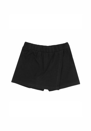 Skort nero con vita elastica, pannello frontale sovrapposto e pantaloncini sotto, mostrato su sfondo bianco.