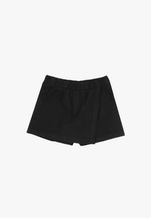 Skort nero con vita elastica, pannello frontale sovrapposto e pantaloncini sotto, mostrato su sfondo bianco.