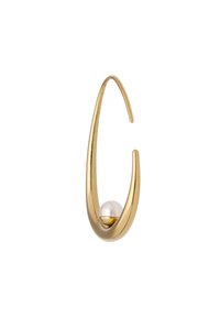 Arany fülbevaló, hosszúkás cseppformával, amelynek alján egy fénylő gyöngy található. Simaság, ragyogó felület és minimalista design jellemzi.