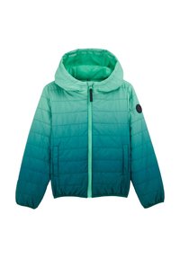 Fodrad jacka i gradient teal med huva, framdragkedja och elastiska manschetter. Horisontellt quiltat mönster med sidofickor.