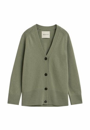 Green knitted cardigan with a V-neck, front button closure, and ribbed hem. Features decorative stitching on shoulders and smooth texture.