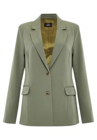Blazer vert olive avec un seul bouton à l'avant, revers crantés et deux poches avant. Doublure intérieure satinée dans une teinte contrastante.