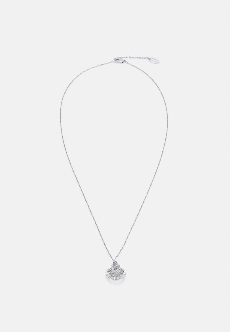 Silver necklace with a delicate chain, featuring a round pendant adorned with clear, sparkling gemstones. Simple clasp at the back.