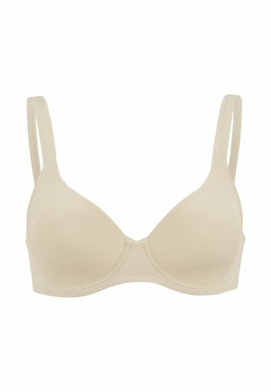 Beige vadderad bh med justerbara band, sömlösa kupor och en slät yta. Tyget är elastiskt och lätt, lämpligt för vardagsbruk.