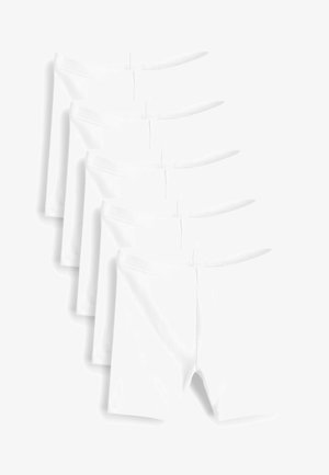 Five pairs of white cotton boxer shorts, featuring a simple design, smooth texture, elastic waistbands, and no visible patterns or accents.