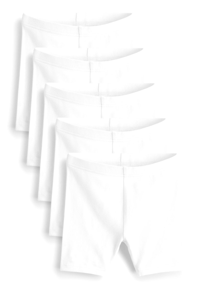 Cinq paires de boxers en coton blanc, avec un design simple, une texture lisse, des ceintures élastiques et sans motifs ni accents visibles.