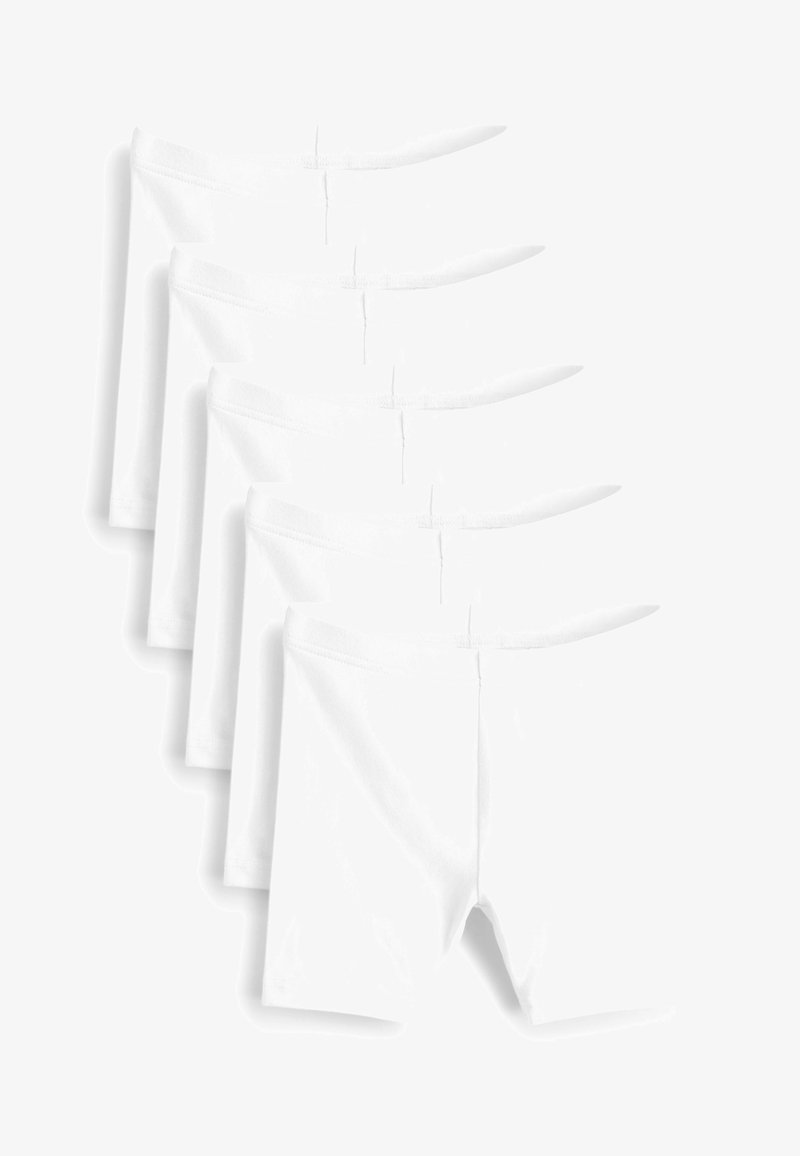 Vijf paar witte katoenen boxershorts, met een eenvoudig ontwerp, een gladde textuur, elastische taillebanden en zonder zichtbare patronen of accenten.