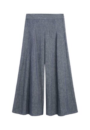 Grijze denimbroek met wijde pijpen en hoge taille, met voorplooien en een nette tailleband, afgebeeld op een witte achtergrond.