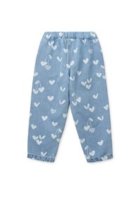 Ανοιχτό μπλε τζιν παντελόνι με λάστιχο στη μέση και κορδόνι, διακοσμημένο με μοτίβο από λευκές καρδιές και κεράσια. Χαλαρή εφαρμογή με στενό τράβηγμα στα πόδια.