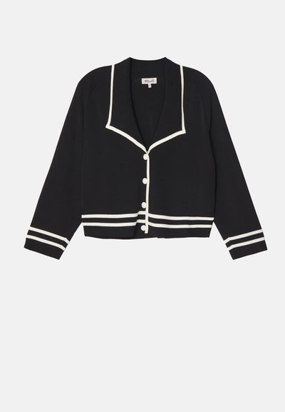 Sort cardigan med sjalskrave, hvid kontrastkant, fem knapper og stribede detaljer på ærmerne. Fremstillet af et blødt stof.