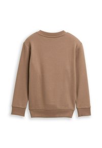 Felpa marrone con maniche lunghe, colletto e polsini a costine. Tessuto liscio, colore uniforme e senza loghi o motivi visibili.
