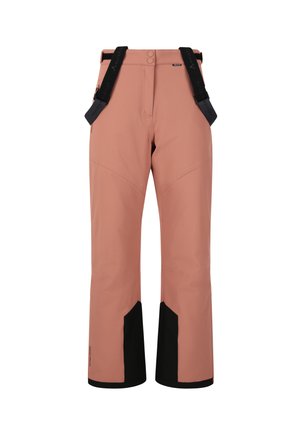 Pinke Skihosen mit schwarzen Akzenten, verstellbaren Trägern und einer glatten Textur. Sind mit Vordertaschen ausgestattet und haben ein elegantes, tailliertes Design.