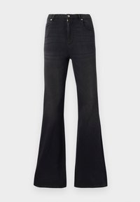 Black high-waist denim jeans with flared legs, front button and zipper closure, and five-pocket styling.
