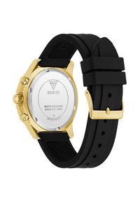 Orologio in acciaio inossidabile color oro con un cinturino in silicone nero. Presenta un fondo rotondo, una marcatura resistente all'acqua e pulsanti cronografici.