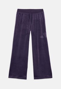 Wide-leg lounge pants in deep purple velvet, featuring a drawstring waist and soft texture, designed for comfort and ease of movement.